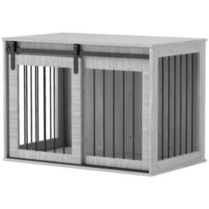 Hundebur til hjemmet, Låsbar hundekennel med indgang, Hundeboks med skydedør, Hundehus til store hunde under 30 kg, Grå, 98 x 58 x 61 cm
