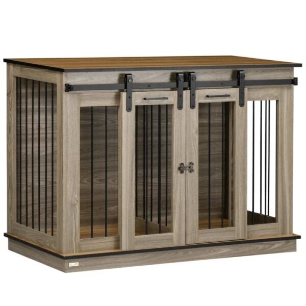 Rootz Hundebure - 2-dørs hund - Transportkasse - Alt inkluderet - Toværelses - Rustikt design - Låsbar - Stålspånplade - Eg - 120L x 60W x 88,5H cm