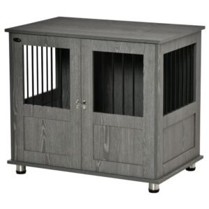 Hundebur til hjemmet, kæledyrsbur, indendørs hundekennel med lås, magnetisk dør, hundehus med vindue, hundeboks til små og mellemstore hunde, grå, 85