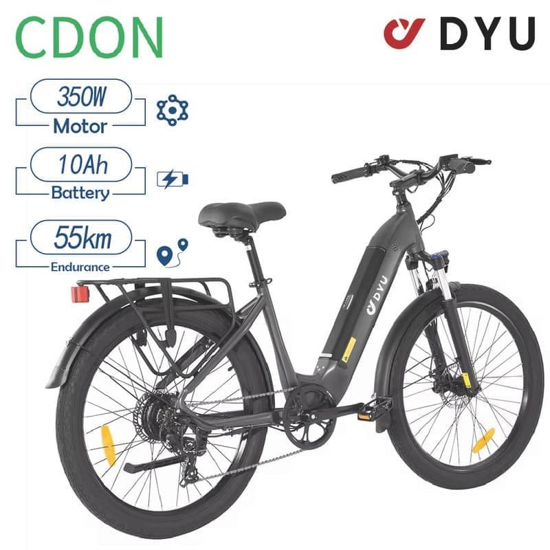 DYU C1 elcykel, 48V10AH batteri, 350W motor, 26 tommer dæk, 55 rækkevidde, maks. hastighed 25 km/t, sort