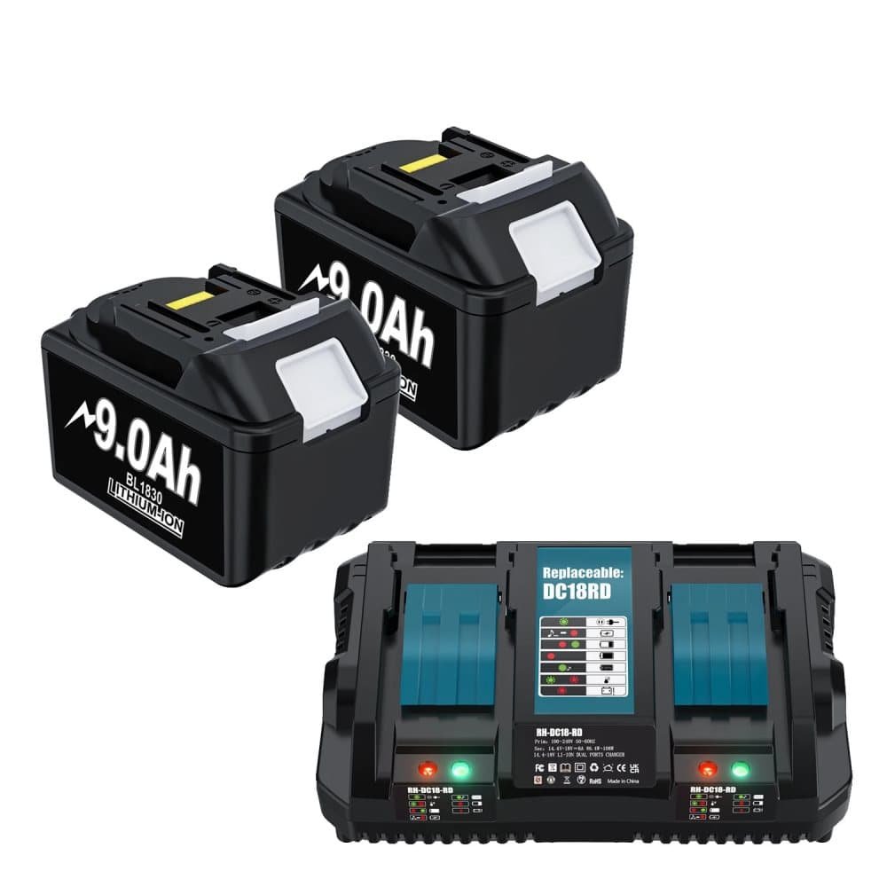 Makita 18V Batteri, 9000mAh Kapacitet, Kompatibel med BL1850B, BL1840B, BL1860, 2 BATTERI 6A OPLADER