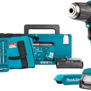 Makita DF333DSAX6 - 12V batteridrevet boremaskine + batteri + køleboks + bitsæt + oplader + batterioplader + taske