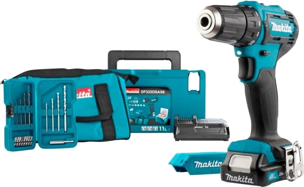 Makita DF333DSAX6 - 12V batteridrevet boremaskine + batteri + køleboks + bitsæt + oplader + batterioplader + taske