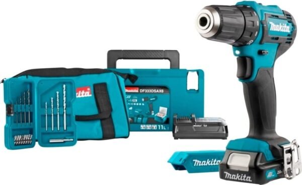 Makita DF333DSAX6 - 12V batteridrevet boremaskine + batteri + køleboks + bitsæt + oplader + batterioplader + taske