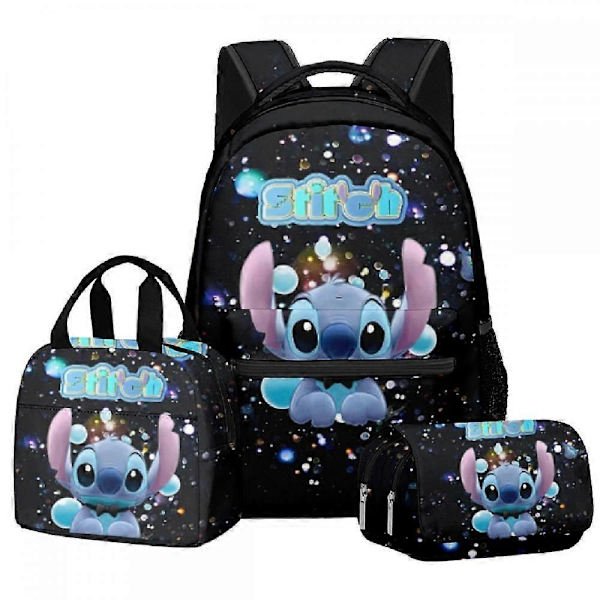 Anime Stitch 3-delt sæt skoletaske, studerende skoletaske, karakterrygsæk, spilprint skoletaske, åndbar