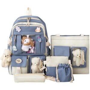 Canvas skoletaske combo sæt, Kawaii pige student skoletaske blå