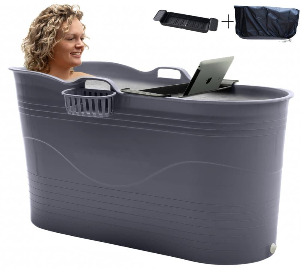 HelloBath® Bath Bucket XL - Grå 122 cm - Sammenklappelig Badebalje til Voksne & Børn - Isbad - Med Afløbsslange & Overtræk