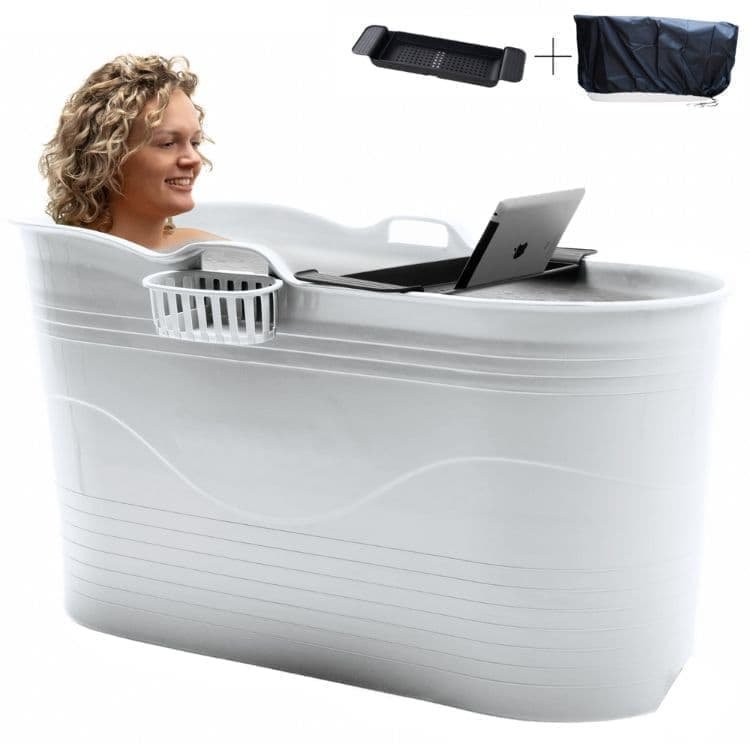HelloBath® Bath Bucket XL - Lysegrå 122 cm - Sammenklappelig Badebalje til Voksne & Børn - Isbad - Med Afløbsslange & Overtræk