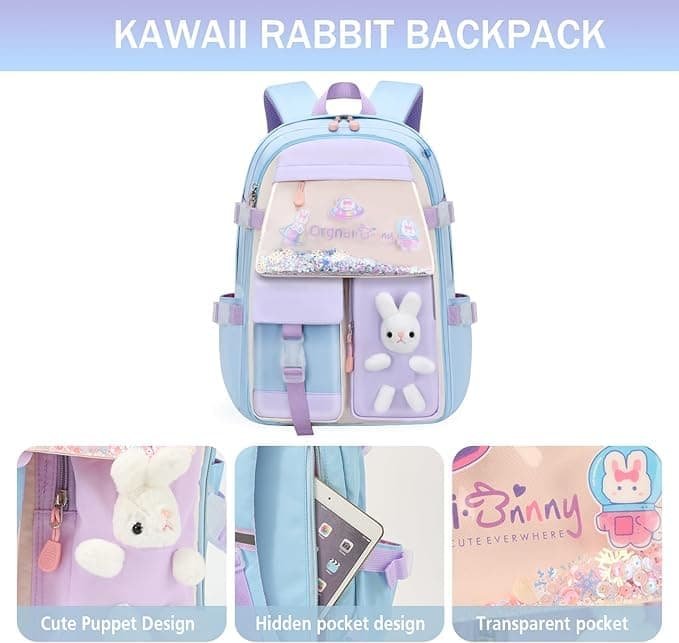 OBOSOE skoletaske rygsæk - kawaii kanin design til piger, vandafvisende med stor kapacitet