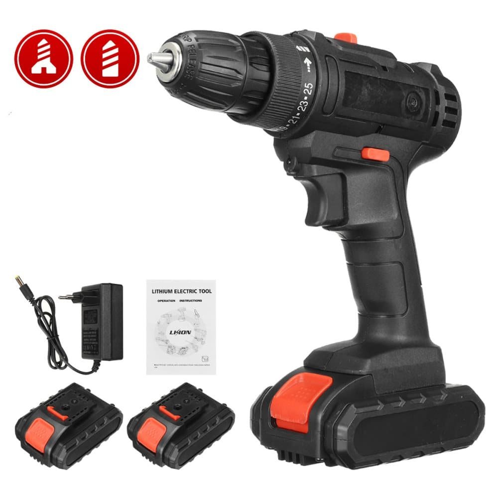 21V 2-gears husholdnings ledningsfri boremaskine Power Drill Elektrisk boremaskine med 2 batterier