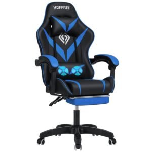 Gaming Chair Kontorstol med Fodstøtte, Ergonomisk Massagestol Højdejusterbar op til 90 kg - Blå