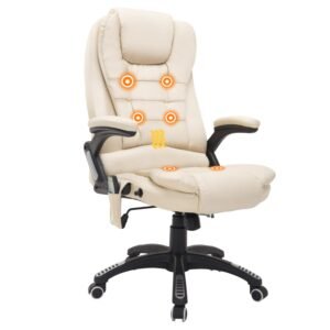 Massagestol, Kontorstol, Direktionsstol Med 6-Punkts Vibrationsmassage Og Varmefunktion, Kunstlæder, Drejelig, Beige