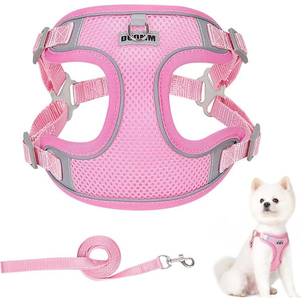 Hundesele og snorsæt, justerbar anti-træk hundevestsele, reflekterende anti-træk kæledyrsvestsele (pink) S
