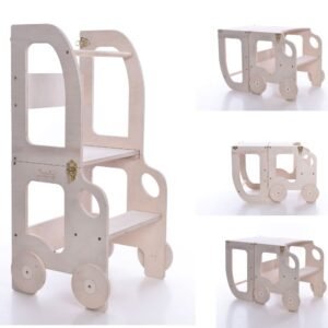 Køkkentrappe / montessori-læringstårn: bord, stol og trappe i ét til barn, naturfarvet lakeret