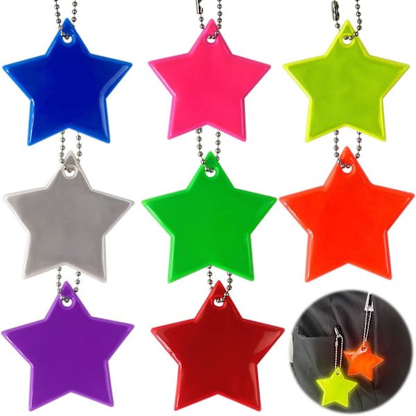 8 stk. Reflekterende Stjerner, Reflektorvedhæng, Sikkerhedsreflektorer, 5,5 cm / 2,2 tommer, 8 farver, Til Tøj, Rygsække, Bagage, Barnevogne, Rullestole