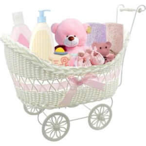 Baby Barnevogn Gavekurv Flettet Legetøjskurv med Håndtag og Hjul Fantastisk Gave til Drenge- og Pigebabyshowers eller Nyfødte Babygaver (Pink)