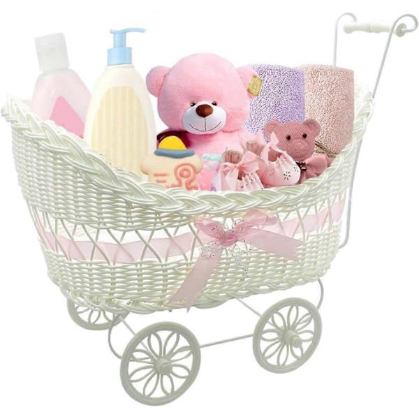 Baby Barnevogn Gavekurv Flettet Legetøjskurv med Håndtag og Hjul Fantastisk Gave til Drenge- og Pigebabyshowers eller Nyfødte Babygaver (Pink)