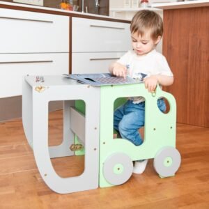 Køkkentrappe / montessori-læringstårn: bord, stol og trappe i ét til barn, grøn og grå