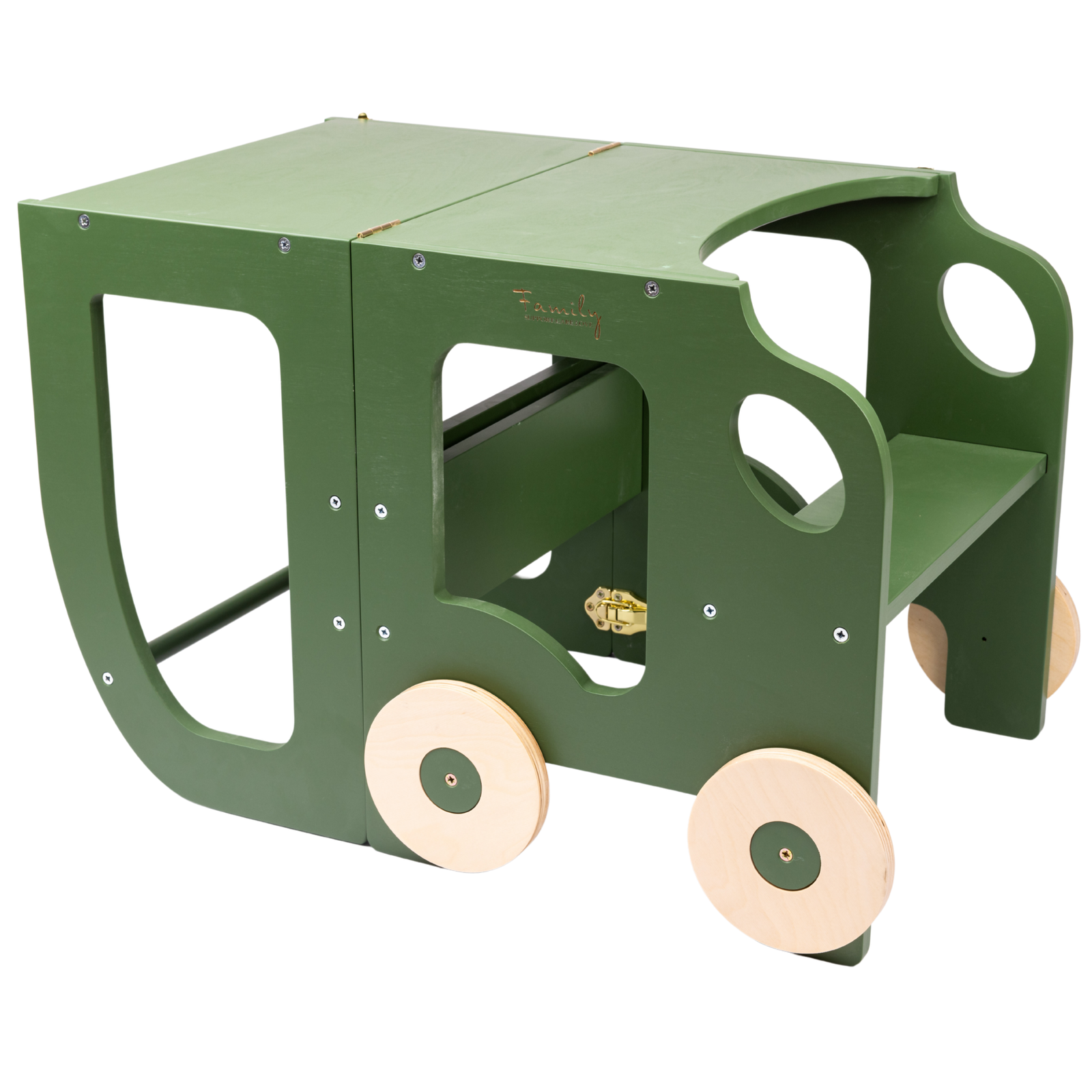 Køkkentrappe / montessori-læringstårn: bord, stol og trappe i ét til barn, grøn