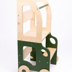 Køkkentrappe / montessori-læringstårn: bord, stol og trappe i ét til barn, khaki og naturfarvet