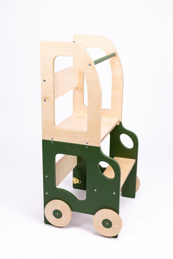 Køkkentrappe / montessori-læringstårn: bord, stol og trappe i ét til barn, khaki og naturfarvet