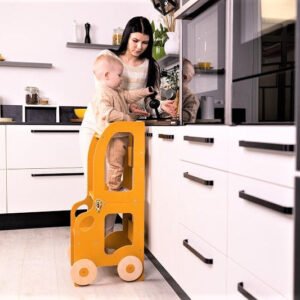 Køkkentrappe / montessori-læringstårn: bord, stol og trappe i ét til barn, safari-farve