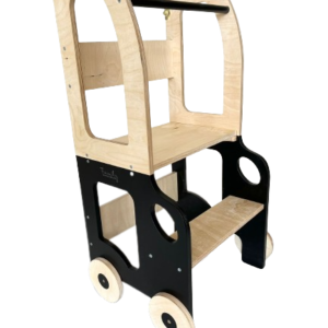 Køkkentrappe / montessori-læringstårn: bord, stol og trappe i ét til barn, sort og naturfarvet