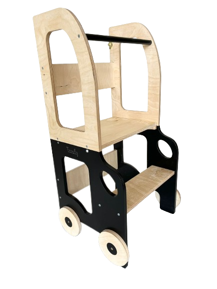 Køkkentrappe / montessori-læringstårn: bord, stol og trappe i ét til barn, sort og naturfarvet