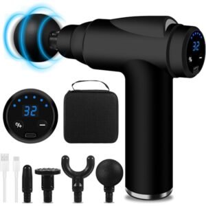 Muskel Massagepistol, 32 Niveauer, 4 Hoveder og LCD-Display, Let og Bærbar, Lindrer Muskelsmerter og Stivhed (Sort)