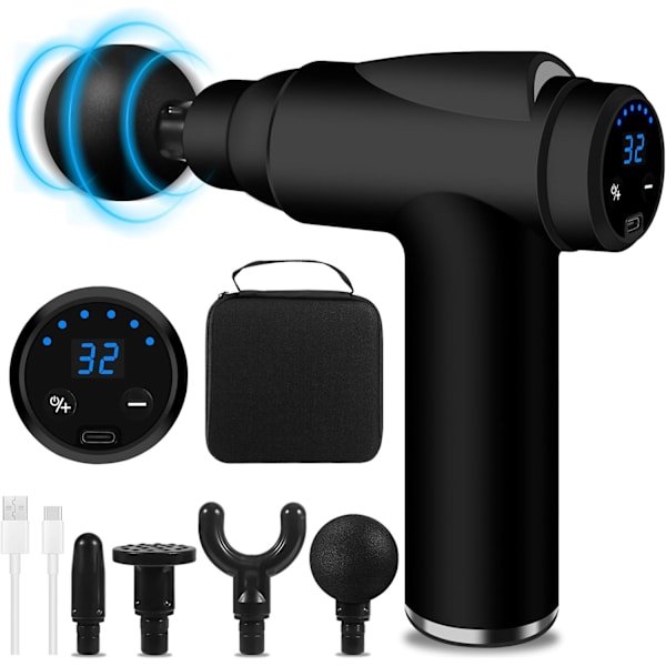 Muskel Massagepistol, 32 Niveauer, 4 Hoveder og LCD-Display, Let og Bærbar, Lindrer Muskelsmerter og Stivhed (Sort)