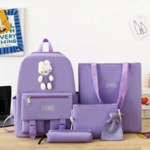 Skoletaske til studerende - 5 dele, rygsæk til skolepige, trendy, sød, frisk, lille rygsæk - lilla