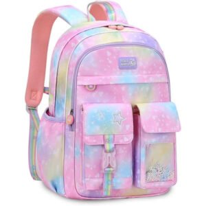 Sød drømmende lyserød børne rygsæk, galakse, skoletaske, pige, skolerygsæk, skoletaske, dagstaske med brystrem