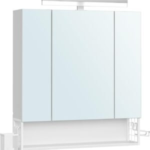 Spejlskab med 3 låger vægskab med stikkontakter, USB, hængebakke og føntørrer-holder, 70 × 75 × 16,5 cm cloud hvid