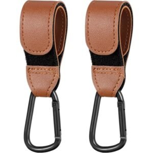 2 stk. brune læder-look klapvognsklips, klapvognskroge til sikkert at hænge dine indkøbsposer på din klapvogn eller barnevogn
