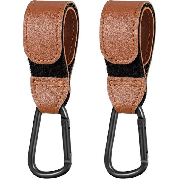 2 stk. brune læder-look klapvognsklips, klapvognskroge til sikkert at hænge dine indkøbsposer på din klapvogn eller barnevogn