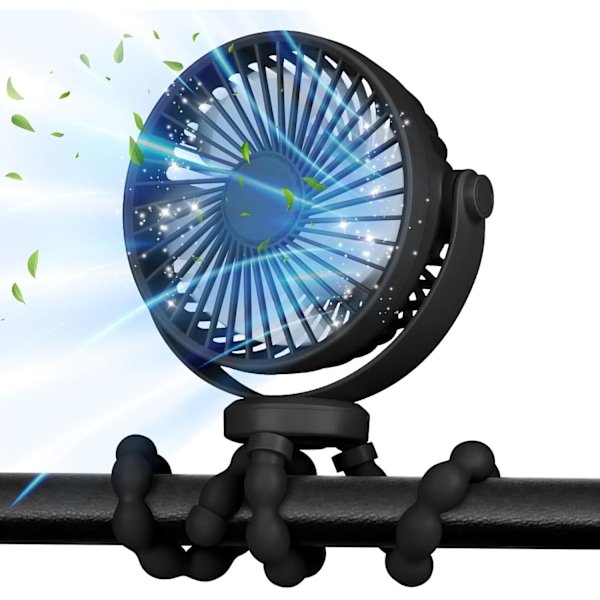 Barnevognsventilator 5200mAh 40H, Bærbar Ventilator 360° Roterbar og 3 Hastigheder med USB Genopladelig Ventilator til Barnevogn, Vugge, Sæde, Skrivebord, Rejse (Sort)