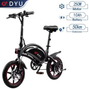 DYU D3F elcykel, rækkevidde 55 km, 14 tommer dæk, 250W motor, 36V 10AH batteri, sort
