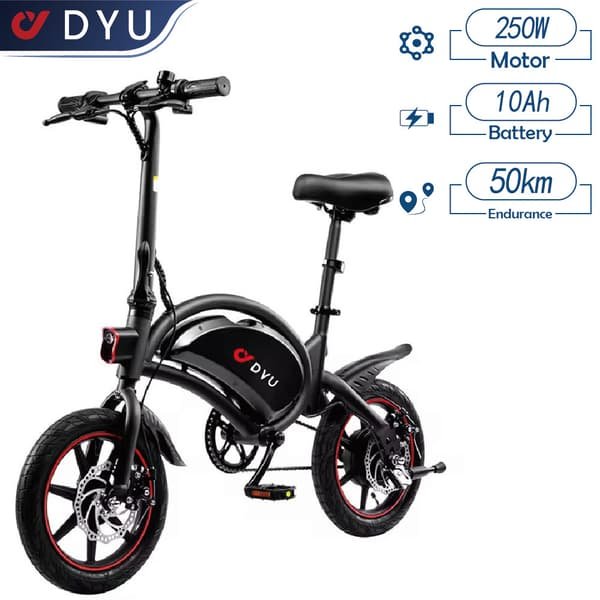 DYU D3F elcykel, rækkevidde 55 km, 14 tommer dæk, 250W motor, 36V 10AH batteri, sort