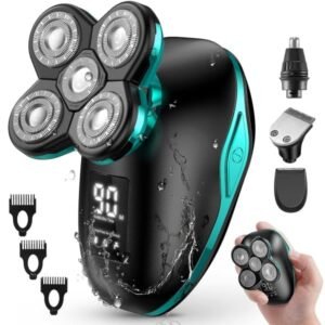 Hovedrakemaskine til Mænd, 5 i 1 Barbermaskine til Skaldet Hoved Trådløs LED Elektrisk Barbermaskine, Våd og Tør Barbermaskine, IPX5 Vandtæt Roter...~QD