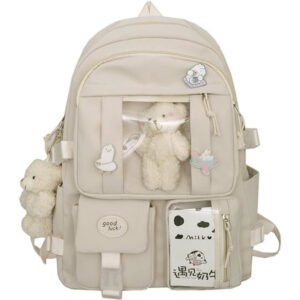 Kawaii Skoletaske til Piger Sød Æstetisk Rygsæk Skoletaske med Nål og Tilbehør Hvid