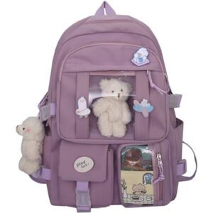 Ny Kawaii Skoletaske til Piger Sød Æstetisk Rygsæk Skoletaske med Nål og Tilbehør Lilla