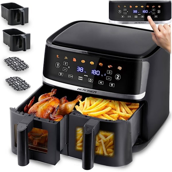 Stor airfryer 10,2l Airfryer XL dobbeltkammer Berdsen 1700W BD-657 sort