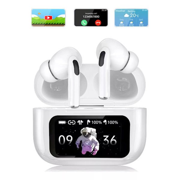 Touch Screen Earbuds med Smart Display, Bluetooth 5.4 Trådløse Hovedtelefoner, Hi-Fi Lyd ANC/ENC Støjreducerende In Ear Buds med LED Skærm